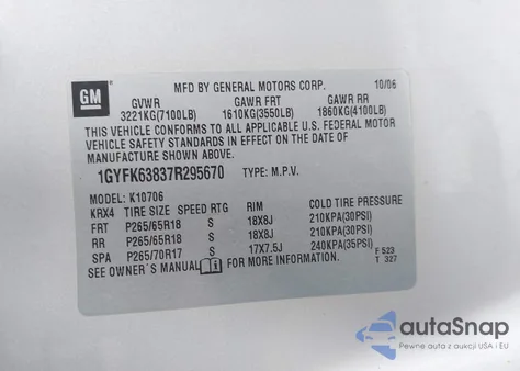 2007 Cadillac Escalade Standard z USA, uszkodzony, nr VIN 1GYFK63837R295670